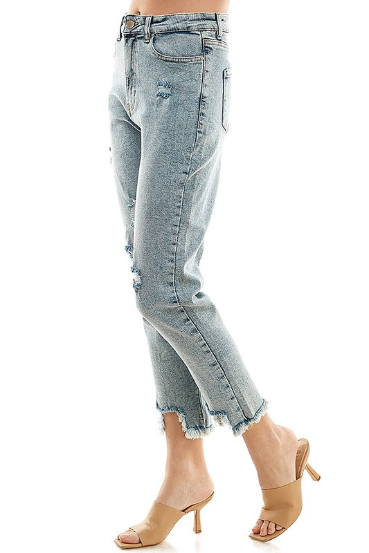 Women’s Detailed High Rise Distressed Straight Leg Jeans | Zarnesh