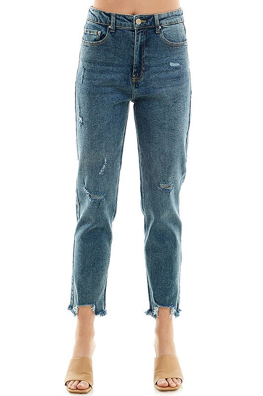 Women’s Detailed High Rise Distressed Straight Leg Jeans | Zarnesh