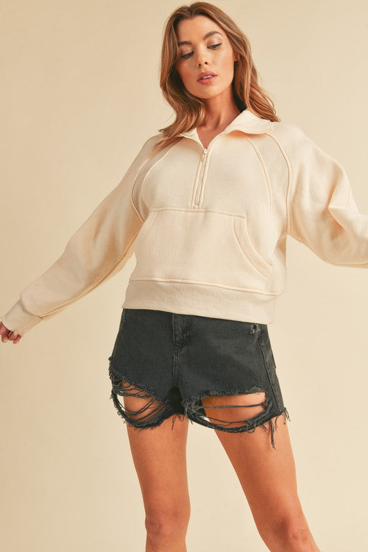 Women Dove Funnel Neck Ribbed Cuffs Kangaroo Pocket Half Zip Zarnesh
