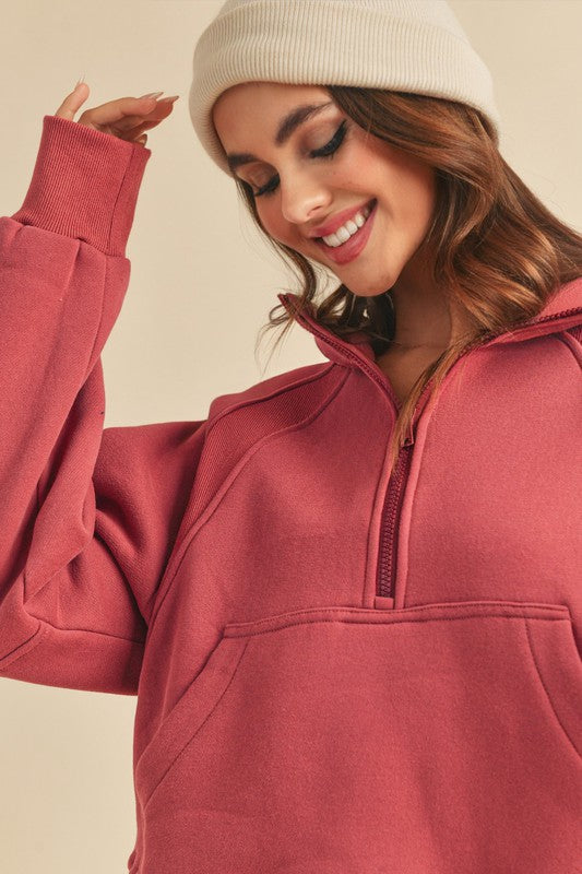 Women Dove Funnel Neck Ribbed Cuffs Kangaroo Pocket Half Zip Zarnesh