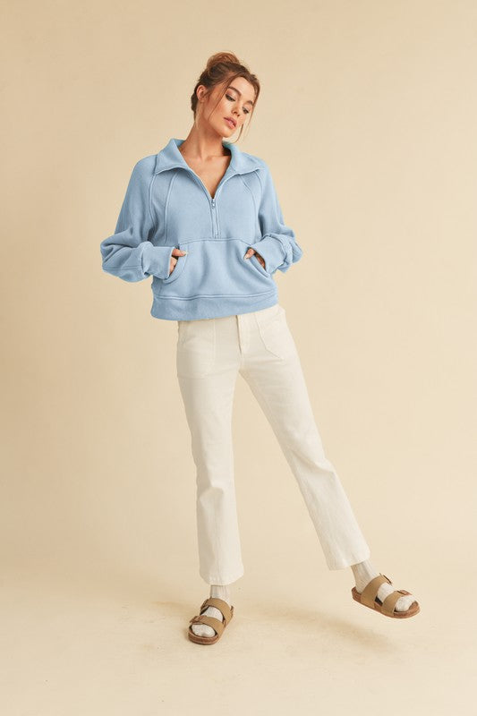 Women Dove Funnel Neck Ribbed Cuffs Kangaroo Pocket Half Zip Zarnesh
