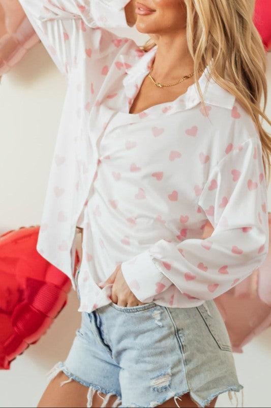 Women’s Drop Shoulder Heart Button Closure Puff Sleeve Shirt | Zarnesh