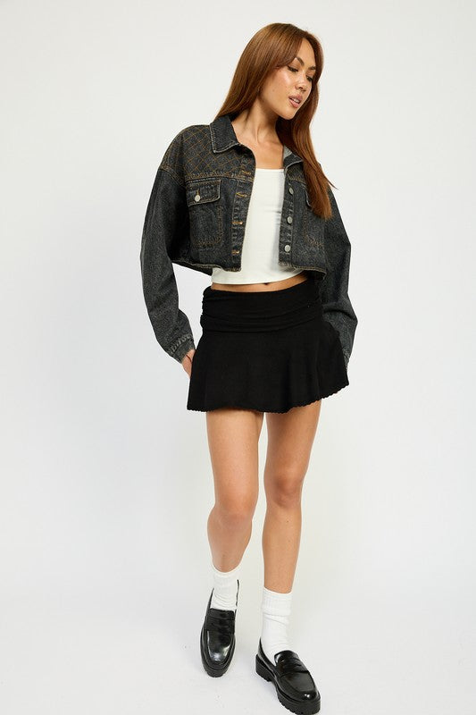 Women’s Embroidered Cropped Button Down Denim Jacket | Zarnesh
