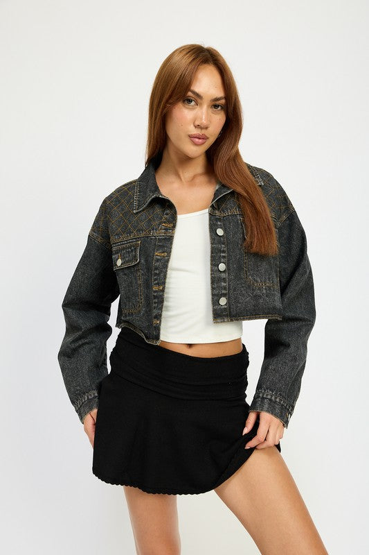 Women’s Embroidered Cropped Button Down Denim Jacket | Zarnesh