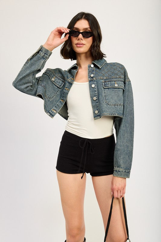 Women’s Embroidered Cropped Button Down Denim Jacket | Zarnesh