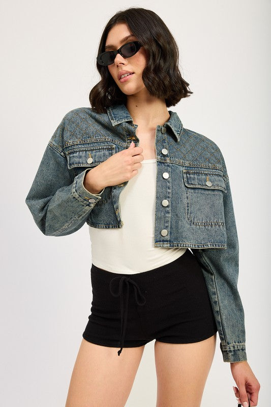 Women’s Embroidered Cropped Button Down Denim Jacket | Zarnesh