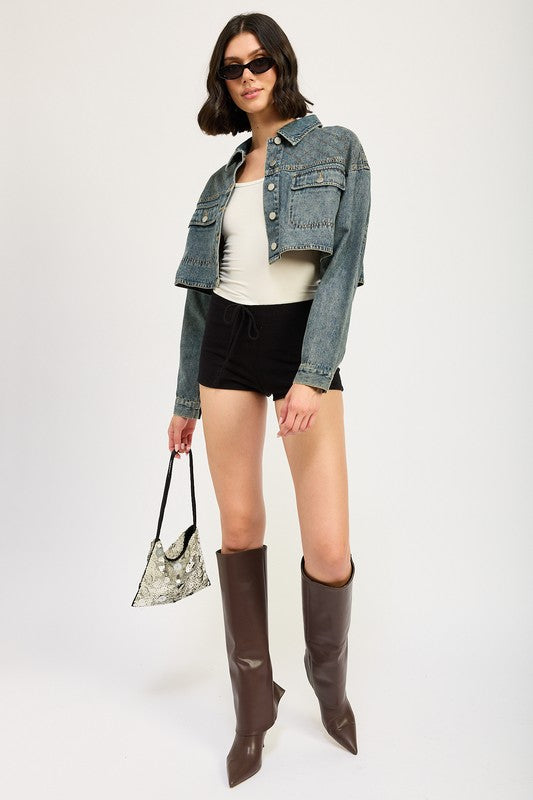 Women’s Embroidered Cropped Button Down Denim Jacket | Zarnesh