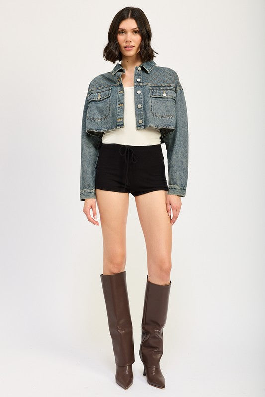 Women’s Embroidered Cropped Button Down Denim Jacket | Zarnesh