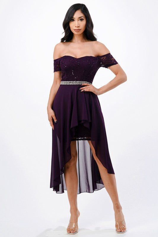 Women’s Evening Off-Shoulder High-Low Sequin Midi Dress | Zarnesh