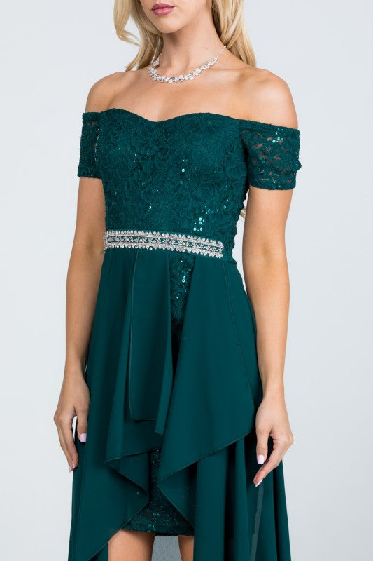 Women’s Evening Off-Shoulder High-Low Sequin Midi Dress | Zarnesh