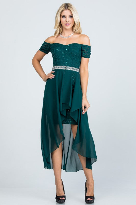 Women’s Evening Off-Shoulder High-Low Sequin Midi Dress | Zarnesh