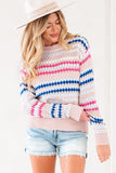 Women’s Eyelet Striped Pullover Knit Drop Shoulder Sweater | Zarnesh