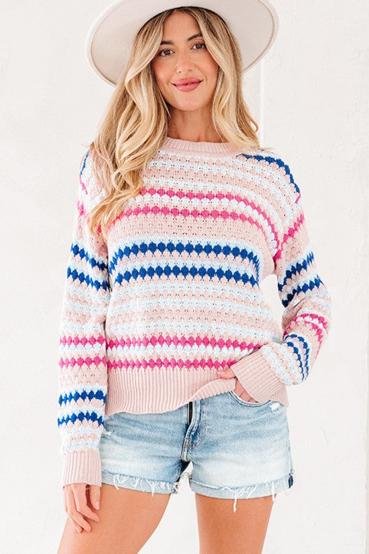 Women’s Eyelet Striped Pullover Knit Drop Shoulder Sweater | Zarnesh