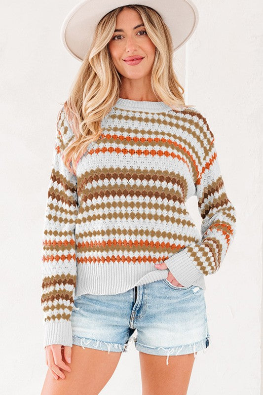 Women’s Eyelet Striped Pullover Knit Drop Shoulder Sweater | Zarnesh