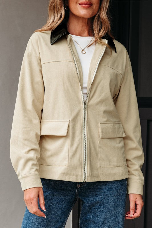 Women’s Faux Leather Textured Collared Zip Up Jacket | Zarnesh