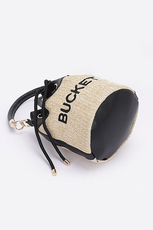 Women's Faux Straw Leather Accents Drawstring Bucket Bag | Zarnesh