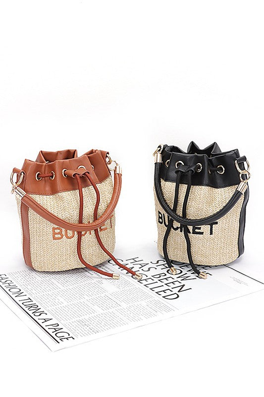 Women's Faux Straw Leather Accents Drawstring Bucket Bag | Zarnesh