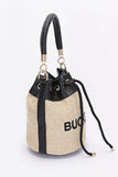 Women's Faux Straw Leather Accents Drawstring Bucket Bag | Zarnesh