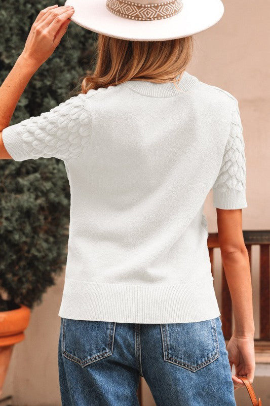 Women’s Fish Scale Textured Scallop Knit Short Sleeve Sweater | Zarnesh