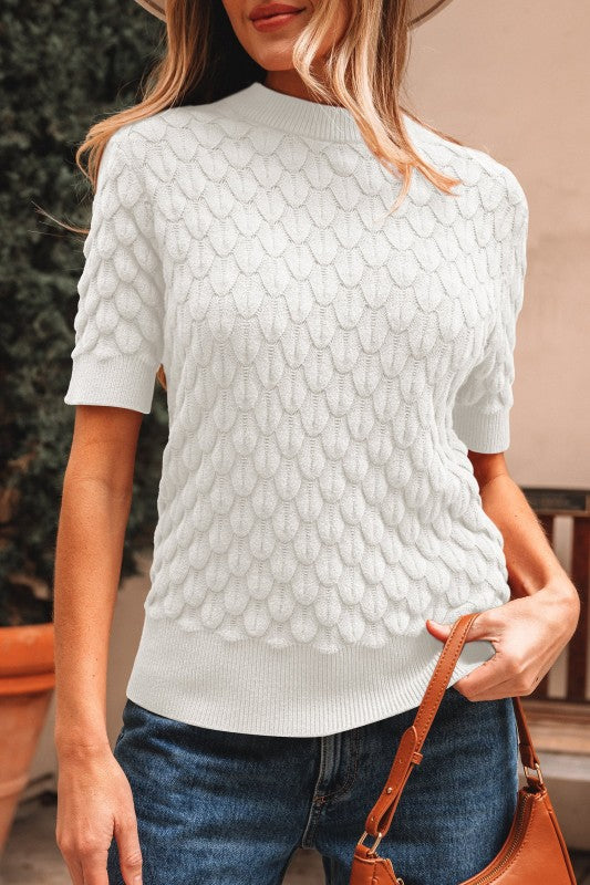 Women’s Fish Scale Textured Scallop Knit Short Sleeve Sweater | Zarnesh