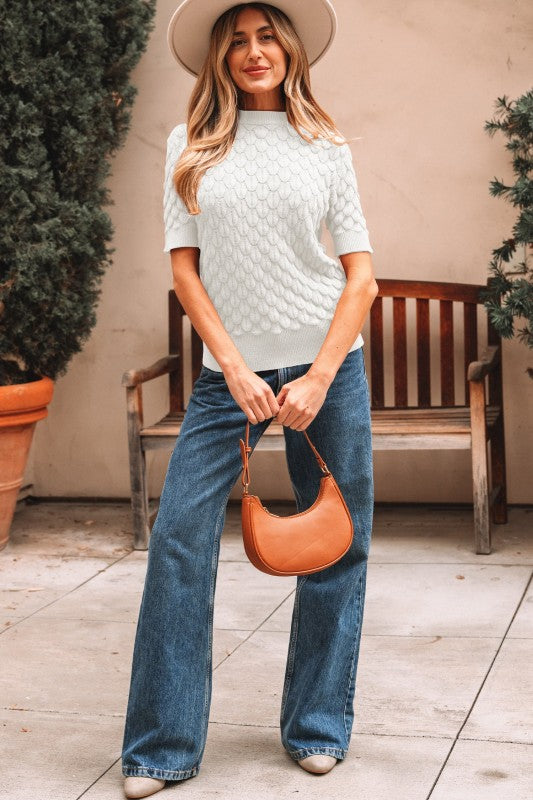 Women’s Fish Scale Textured Scallop Knit Short Sleeve Sweater | Zarnesh