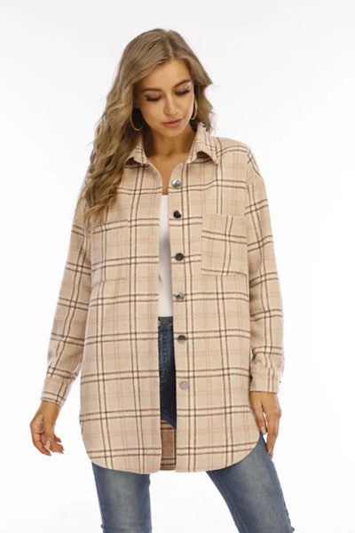 Women’s Flannel Plaid Button-Up Long Sleeve Shacket Jacket | Zarnesh
