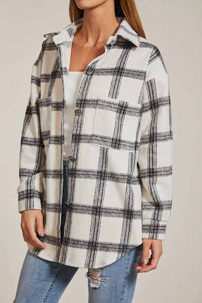 Women’s Flannel Plaid Button-Up Long Sleeve Shacket Jacket | Zarnesh