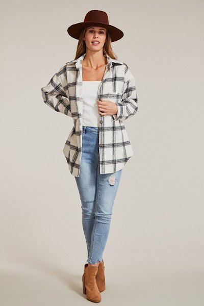 Women’s Flannel Plaid Button-Up Long Sleeve Shacket Jacket | Zarnesh