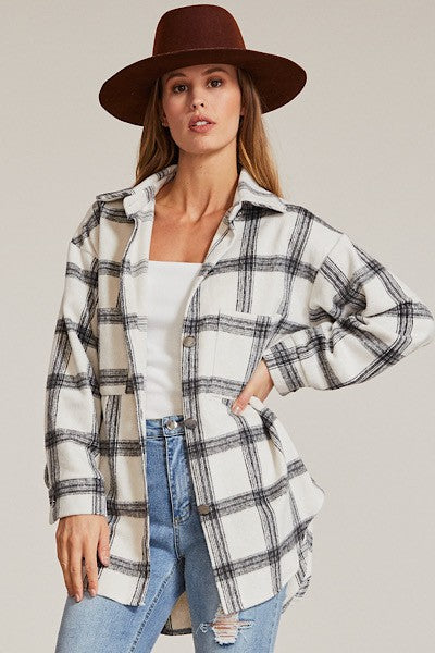 Women’s Flannel Plaid Button-Up Long Sleeve Shacket Jacket | Zarnesh