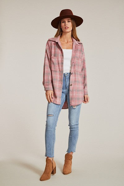 Women’s Flannel Plaid Button-Up Long Sleeve Shacket Jacket | Zarnesh