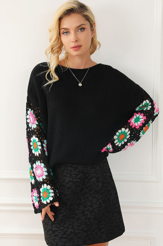 Women’s Floral Crochet Bell Sleeve Loose Pullover Sweater | Zarnesh