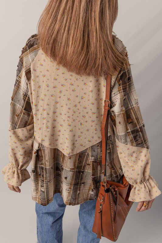 Women’s Floral Boho Plaid Patchwork Sleeve Waffle Shirt | Zarnesh