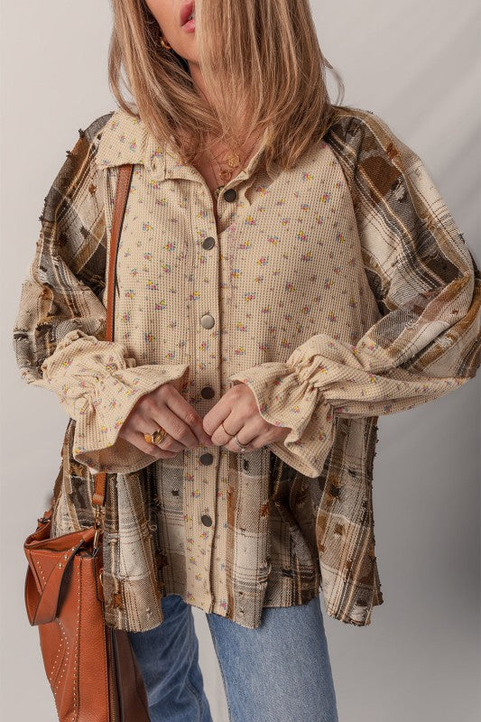 Women’s Floral Boho Plaid Patchwork Sleeve Waffle Shirt | Zarnesh