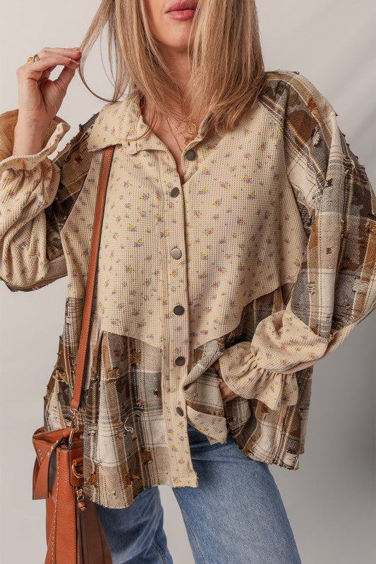 Women’s Floral Boho Plaid Patchwork Sleeve Waffle Shirt | Zarnesh