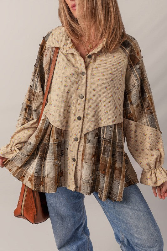 Women’s Floral Boho Plaid Patchwork Sleeve Waffle Shirt | Zarnesh