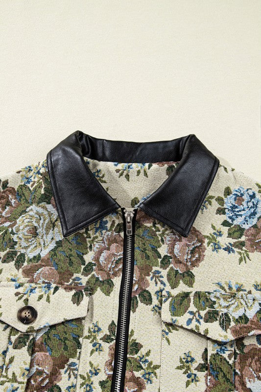 Women’s Floral Contrast Print Zip Up Tapestry Collared Jacket | Zarnesh
