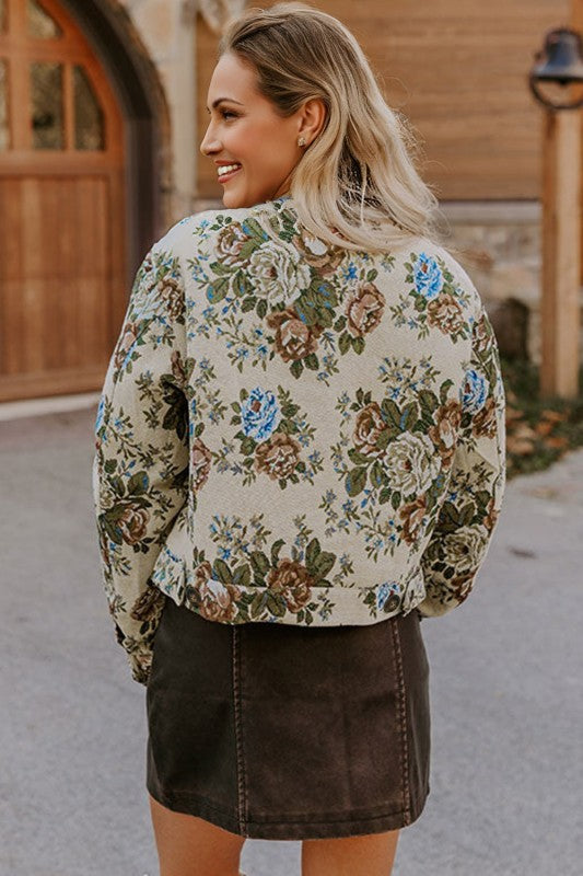 Women’s Floral Contrast Print Zip Up Tapestry Collared Jacket | Zarnesh