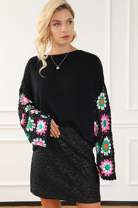 Women’s Floral Crochet Bell Sleeve Loose Pullover Sweater | Zarnesh