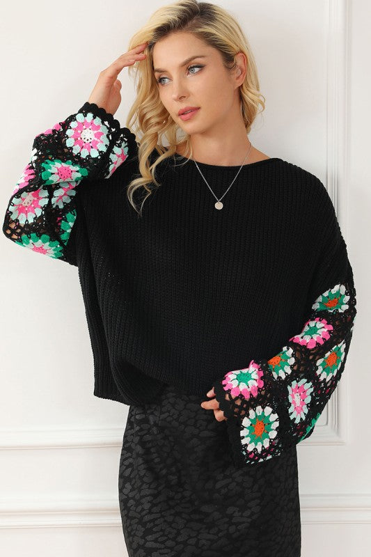 Women’s Floral Crochet Bell Sleeve Loose Pullover Sweater | Zarnesh