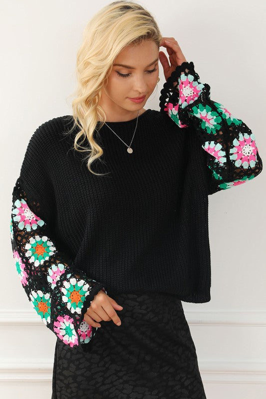 Women’s Floral Crochet Bell Sleeve Loose Pullover Sweater | Zarnesh