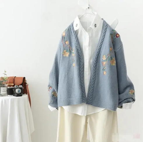 Women’s Floral Lantern Sleeves Open Front Knit Cardigan | Zarnesh
