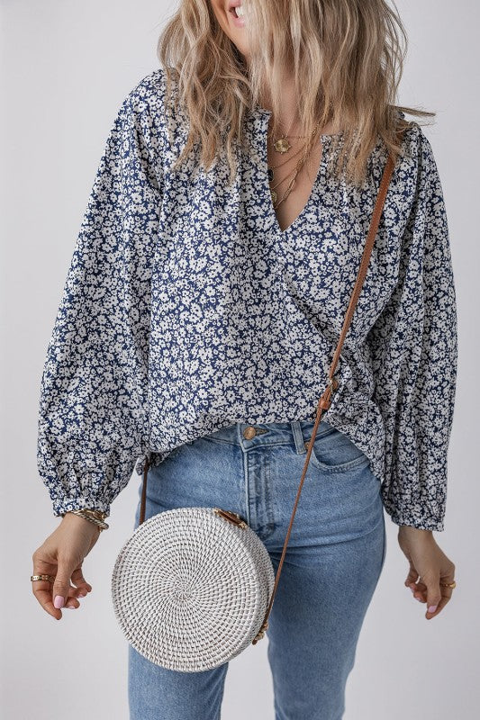 Women’s Floral Long Puff Sleeve V-Neck Blouse  | Zarnesh