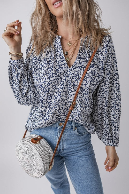 Women’s Floral Long Puff Sleeve V-Neck Blouse  | Zarnesh