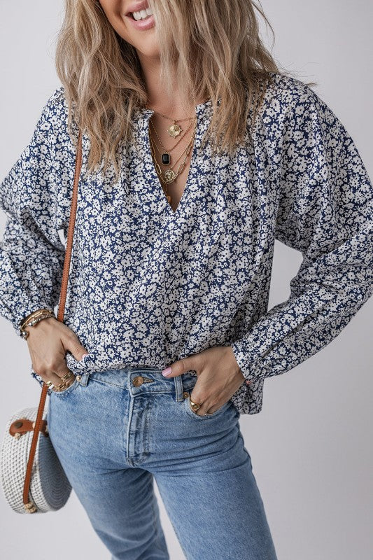 Women’s Floral Long Puff Sleeve V-Neck Blouse  | Zarnesh