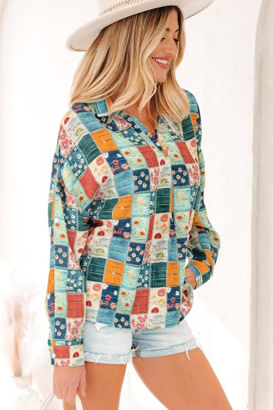 Women’s Floral Patchwork Collar V-Neck Long Sleeve Blouse | Zarnesh