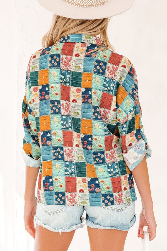 Women’s Floral Patchwork Collar V-Neck Long Sleeve Blouse | Zarnesh