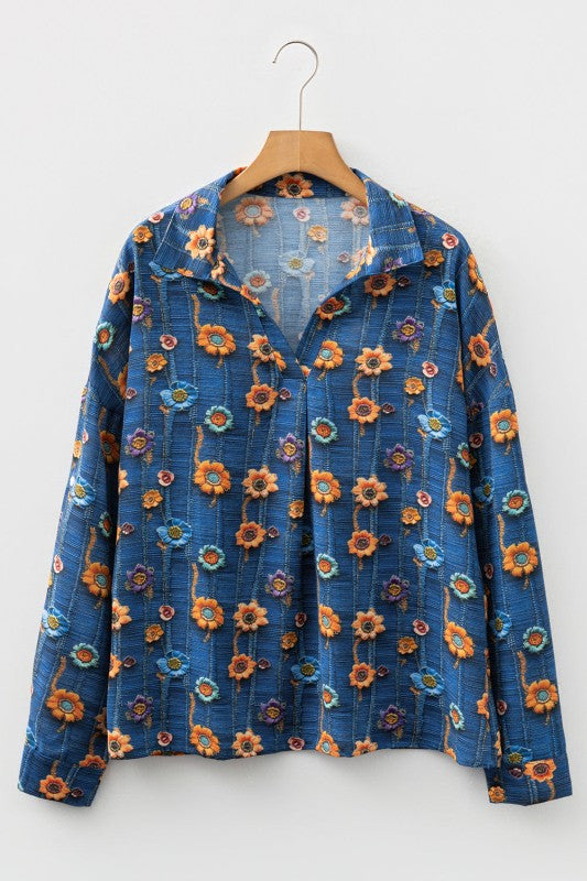 Women’s Floral Patchwork Collar V-Neck Long Sleeve Blouse | Zarnesh