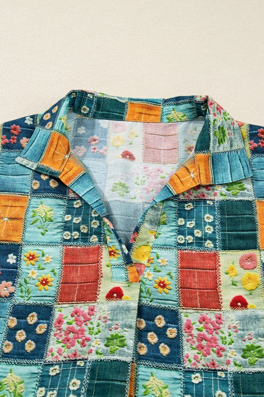 Women’s Floral Patchwork Collar V-Neck Long Sleeve Blouse | Zarnesh