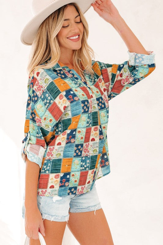 Women’s Floral Patchwork Collar V-Neck Long Sleeve Blouse | Zarnesh