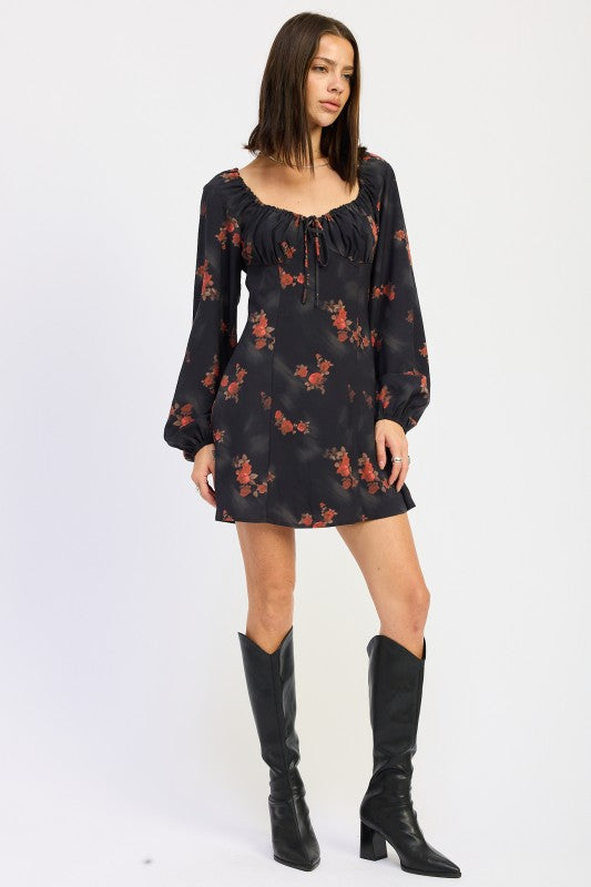 Women’s Floral Print Square Neckline Long Sleeve Mini Dress | Zarnesh